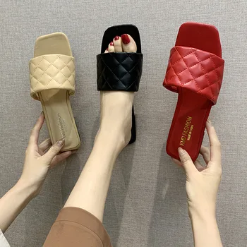 

Women Slippers 2020 Summer Sandals Fashion Square Toe Weave Leather Slides Flat Sandal Casual Outside Flip Flops Beach Shoes