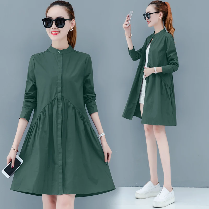 New Autumn Women Long Trench Coat Loose Full Sleeve Is Pure Cotton Coats Purple Dark Green Light Coffee Color 2119