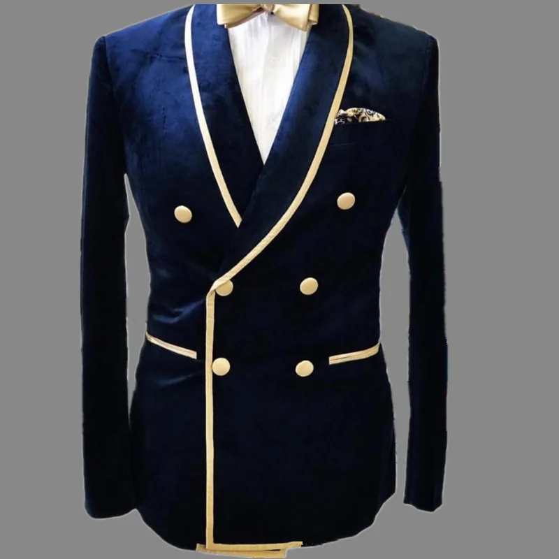 

Men's Coat Blue Velvet Groom Wear Men Wedding Suits Smoking Jacket Blazer Costume Homme Outfit Wide Shawl Lapel Masculino