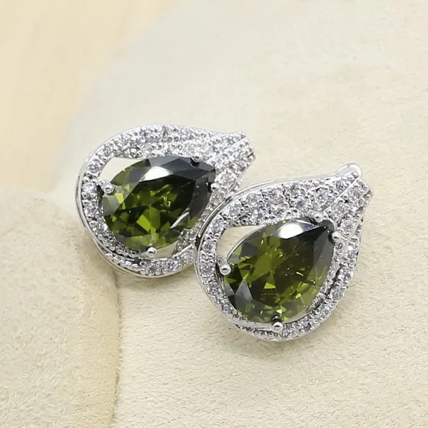 Оливковый зеленый Цирконий 925 пробы серебра набор украшений для женщин с браслет серьги ожерелье кулон кольцо подарок на день рождения - Окраска металла: Earrings