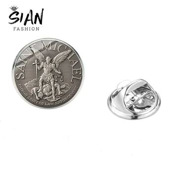 

SIAN Archangel St.Michael Protect Me Saint Shield Brooch Amulet Protection Symbol Glass Dome Stainless Steel Brooches Lapel Pins