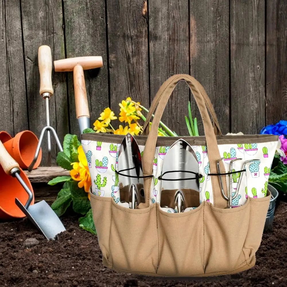 Garden Tool Storage Bag Cactus Pattern Canvas Outdoor Multi Pocket Gardening Tool Organizer Tote Bag Carrier