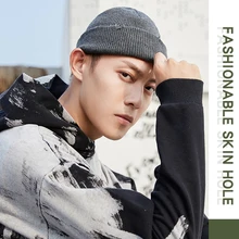 Новинка, Модная вязаная шапка унисекс с черепом, Мужская зимняя теплая шапка, одноцветная короткая шерстяная шапка