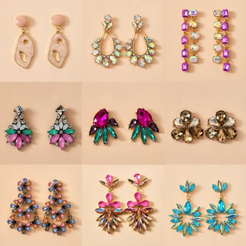 

Tocona Colorful Shiny Rhinestone Flowers Drop Dangle Earrings for Women Long Hollow Geometric Leaf Personality Jewelry Gift