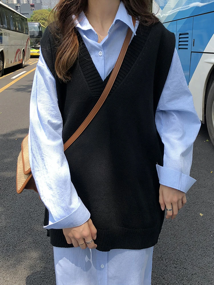 Корейский жилет женский осенний элегантный студенческий пуловер с v-образным вырезом вязаный Топ Верхняя одежда жилет Collge