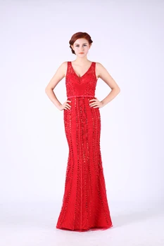 

Red Evening Dresses Long 2020 V-neck Beading Tulle Mermaid Formal Party Gowns For Female