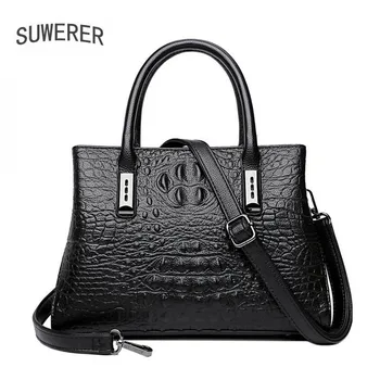 

SUWERER New cowhide Crocodile pattern women leather handbags fashion luxury handbags women bags designer Women's famous brand