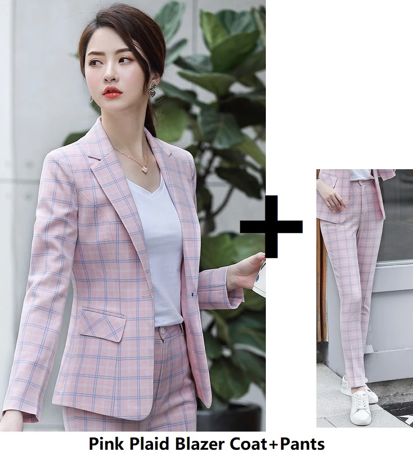 Pink Plaid Высокое качество, ткань, элегантный розовый плед, формальная форма, дизайн, брючные костюмы с брюками и пиджаками, женские деловые костюмы, блейзеры, набор - Color: Pink Plaid