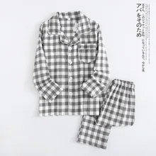 Japanese Simple plaid 100% gauze cotton lovers pajama sets women and men family Parent-child outfit long sleeve sleepwear men