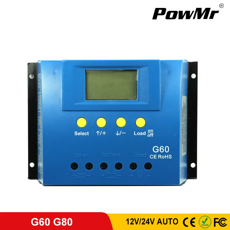 Солнечный контроллер PowMr G60 G80 60A 12В/24В Подсветка ЖК дисплей ШИМ регулятор