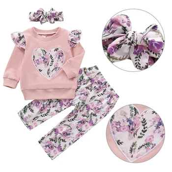 

Autumn Baby Girl clothes 3pcs Long Sleeve Heart Flower Print Sweatshirts Tops Trousers With Headband Outfits Kids Clothes New