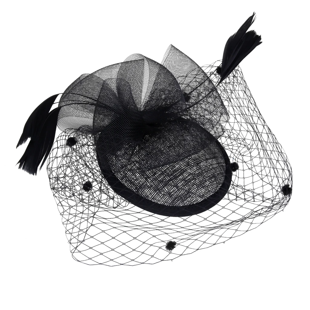 Bridal Fish Net Face Veil Feather Fascinator Hair Clip Party Headpiece Black