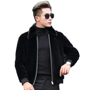 

100% Wool Coat Winter Jacket Men Real Sheep Shearling Coats Mens Mink Fur Collar Streetwear Jackets P-M8328C MY1580