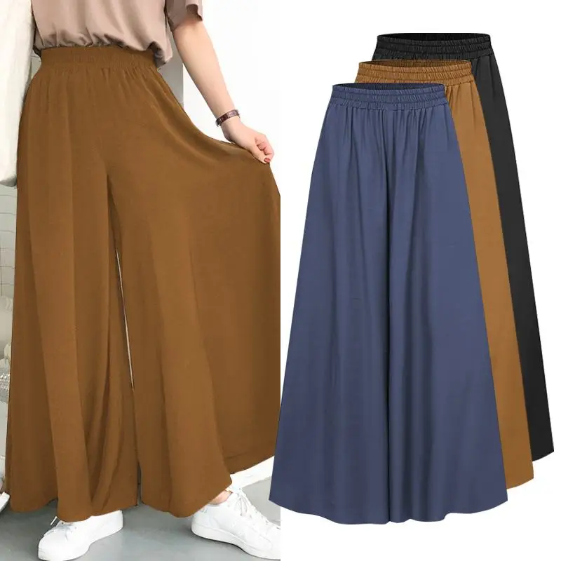 ZANZEA 2021 Spring Autumn Elastic Band Wide leg Pants Female Solid Wide Full Length Pant Women's Casual Ladies Pants
