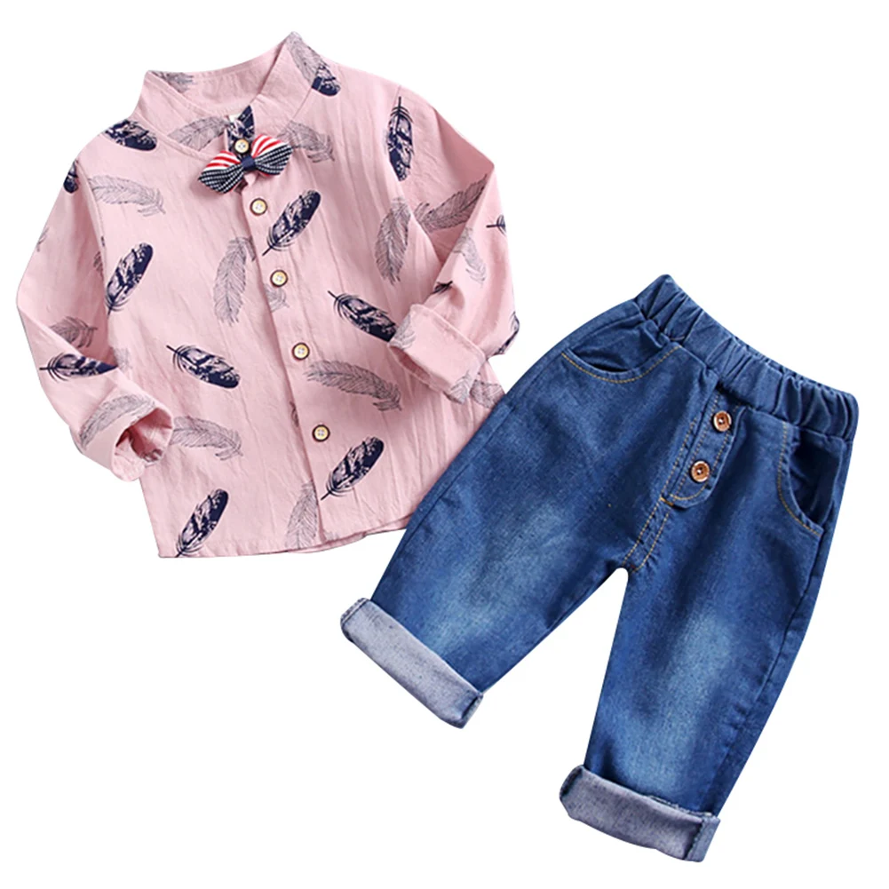 Pink 80 Комплект одежды из 2 предметов для мальчиков, рубашка с длинными рукавами и принтом, джинсы, штаны для малышей, детская одежда, M09 - Цвет: Pink 80