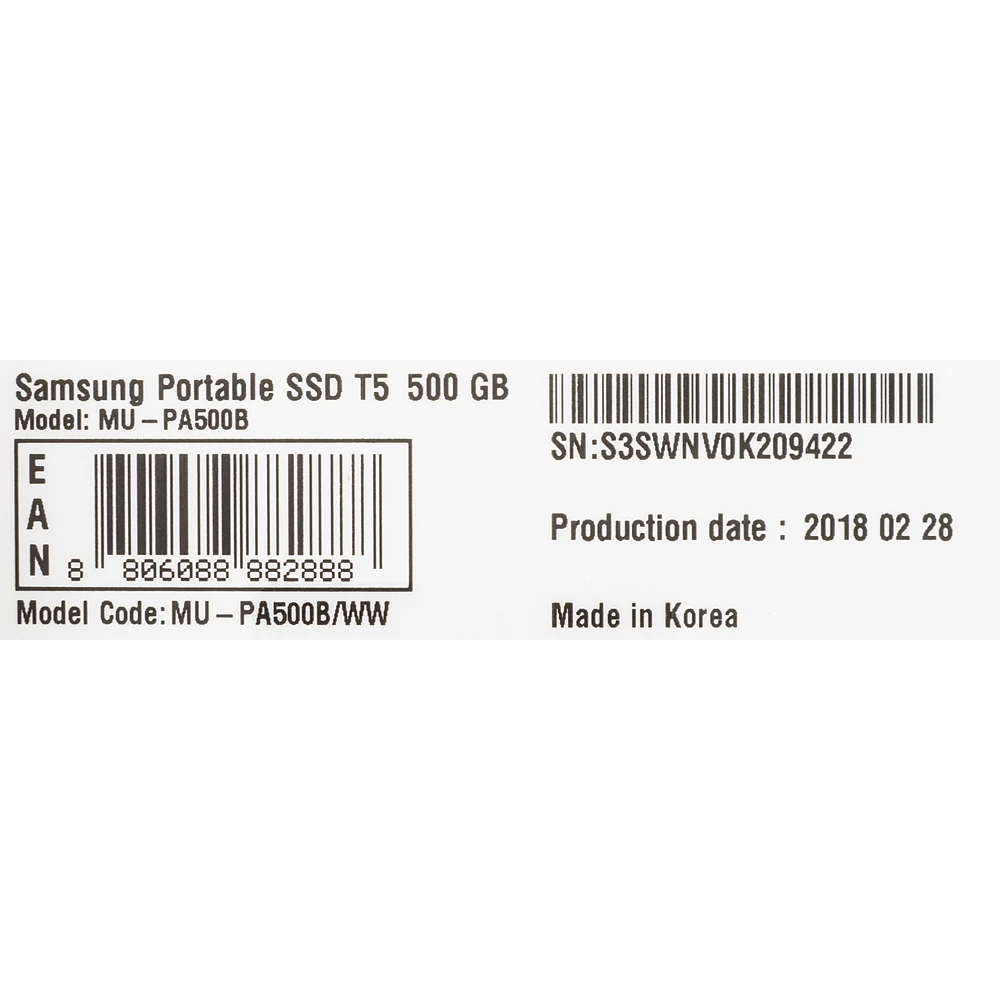 Накопитель SSD Samsung USB 500Gb MU-PA500B/WW T5 2.5"
