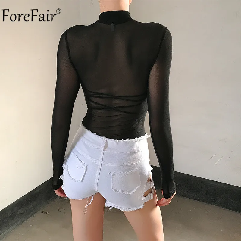 Forefair V шеи молния Черная сетка комбинезон для женщин с длинным рукавом Осень Перспектива Сексуальная уличная модные боди