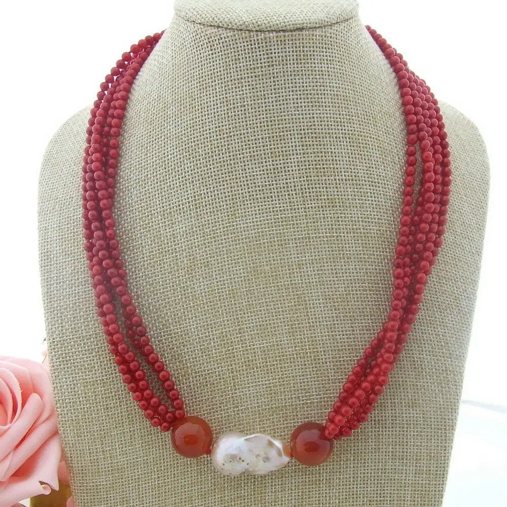 

5 Strands 20" Keshi Pearl Coral Carnelian Necklace
