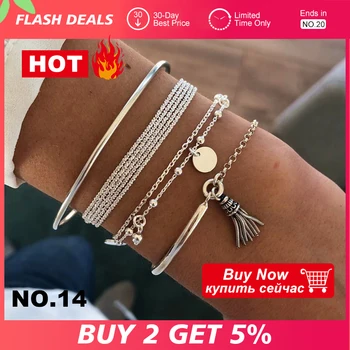 

4 Pcs/Set Bohemian Silver Color Tassel Round Bracelet Set for Women Multilayer Pendant Bracelet 2020 Fashion Jewelry