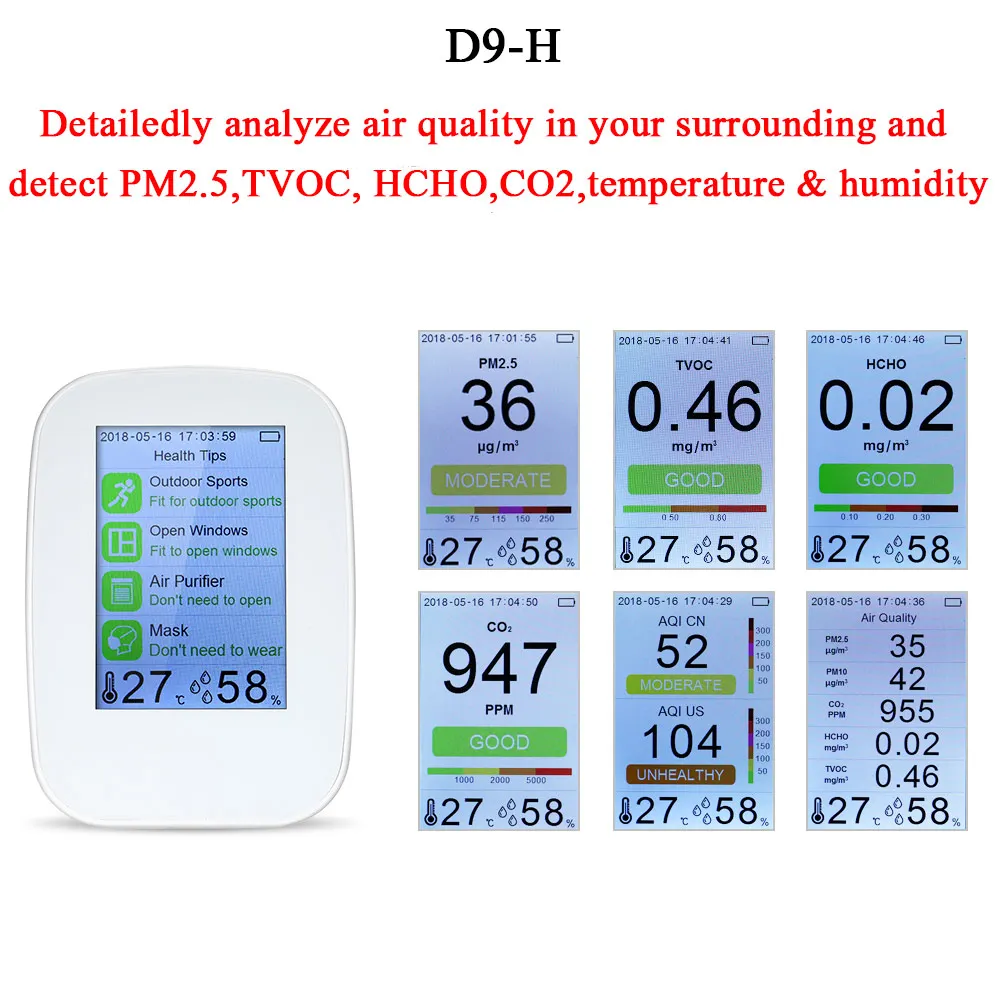 Портативный детектор качества воздуха цифровой PM2.5 газовый монитор ЖК-тестер TVOC прибор измеритель воздуха анализаторы с перезаряжаемой батареей - Цвет: D9-H