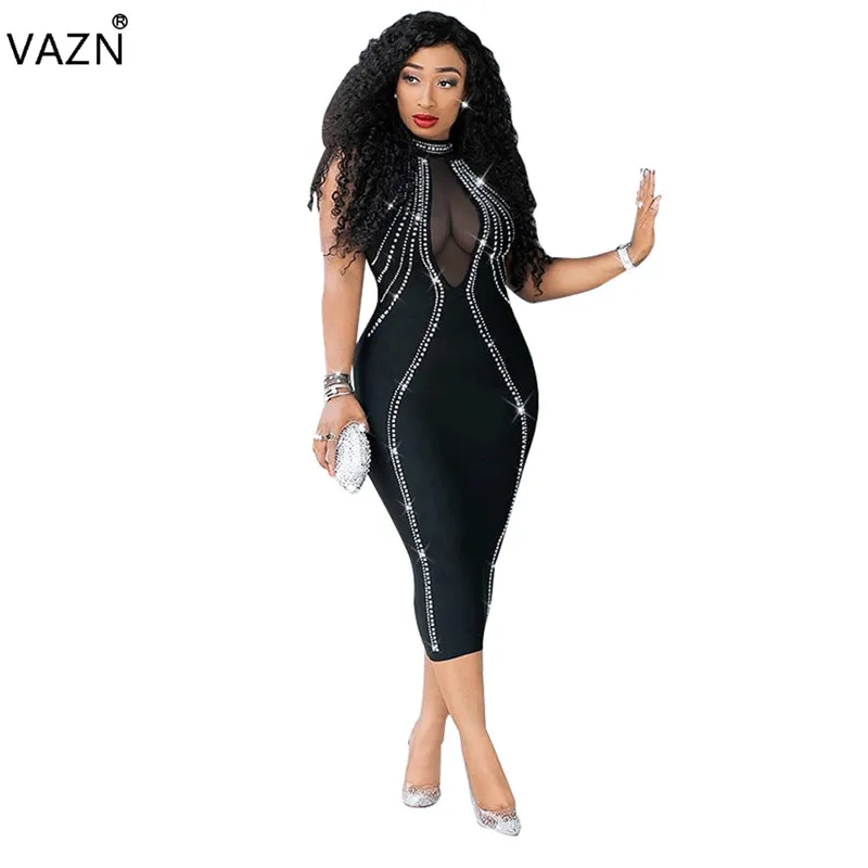 VAZN WNY8805 классический черный выдалбливают сексуальный клуб Открытый Мода Холтер с открытой спиной бриллианты тонкий высокой талией женщин миди платье