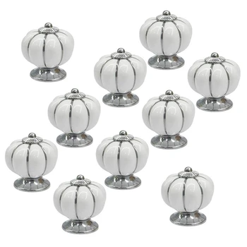 

10Pcs White Round Ceramic Pumpkin Cabinet and Furniture Knobs Pulls Chrome Finished Base Drawer Handles Door Hardware Knob