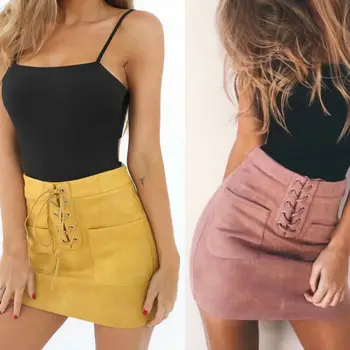

NEW Sexy Women Leather Suede Lace Up Bandage High Waist Party Pencil Mini Skirt with Pocket Brief Solid Fashion Skirts