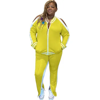 

5XL Plus Size Casual Patchwork Two Piece Set Women Tracksuit Zipper Hollow Sleeve Pocket Jacket Tops And Split Pant Matching Set