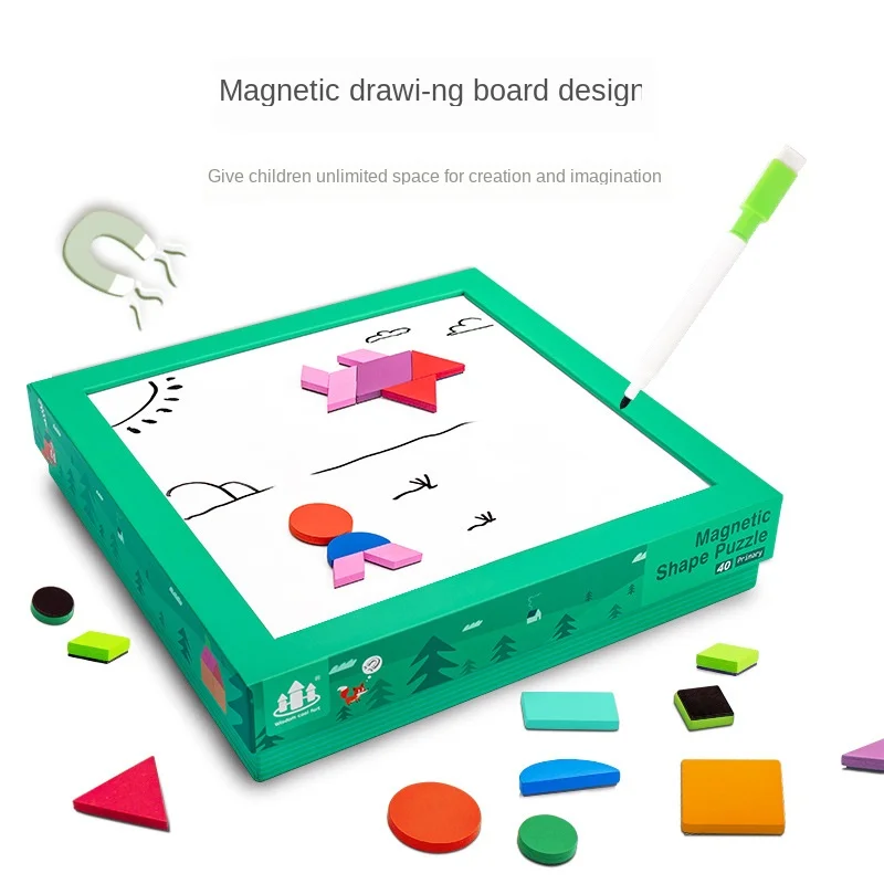 Baby Wooden Magnetic Tangram Puzzle Intellectual Montessori Early Learning Creative Multifunctional Interactive Educational Toy