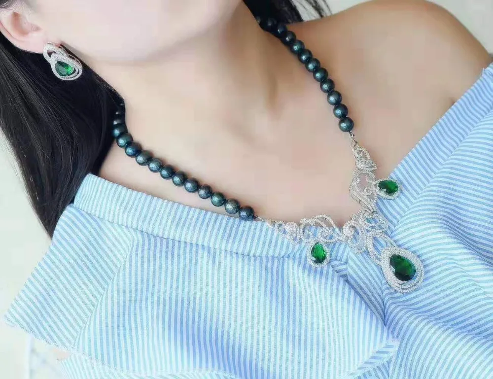 Микро инкрустация зеленый циркон застежка аксессуар роскошный пресноводный жемчуг серьги ожерелье набор модные ювелирные изделия