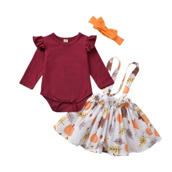 

Baby Clothes Baby Girl Long Flare Sleeve Cotton Romper Strap Suspenders Skirts Headband Casual Clothes Set