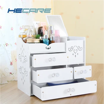 

HECARE Plastic Storage Box for Makeup White and Pink Cosmetics Box with Mirror Large Capacity Make Up Case Home Waterproof New