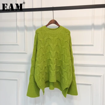 

[EAM] Green Big Size Knitting Sweater Loose Fit Round Neck Long Sleeve Women Pullovers New Fashion Tide Autumn Winter 2020 1X415