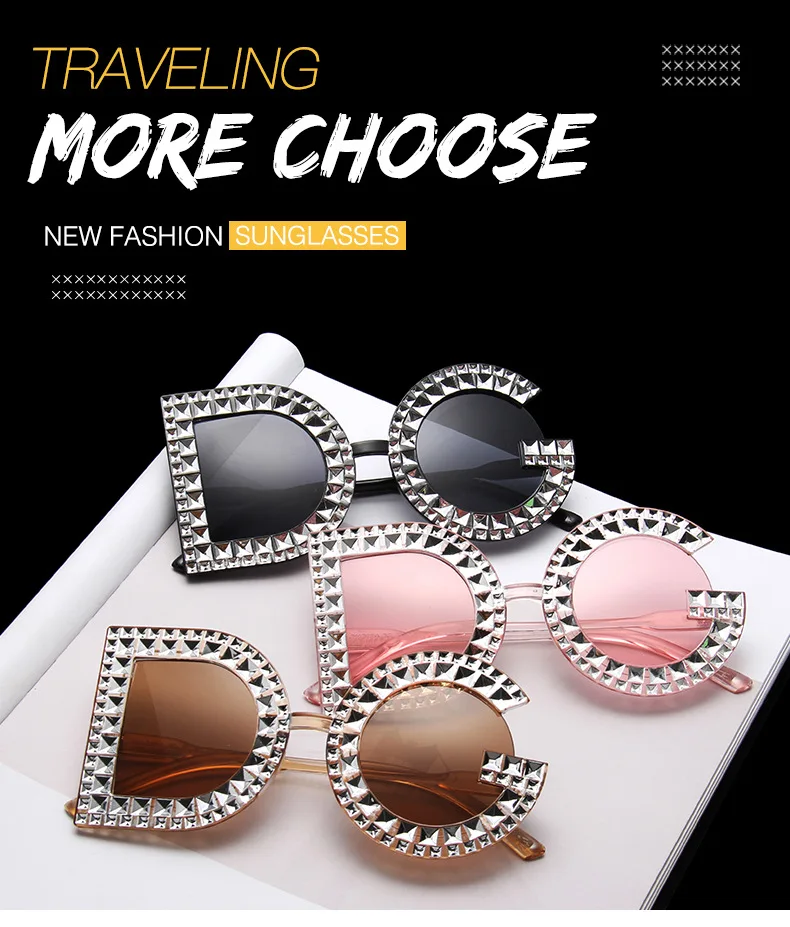 New trend big frame letter sunglasses retro diamond sunglasses female street shooting anti-ultraviolet advanced glasses uv400 rectangle sunglasses