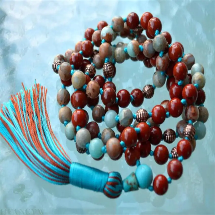 

6mm Amazonite Red Jasper Gemstone 108 Beads Mala necklace pray Meditation Buddhism Lucky Chakas Healing MONK spirituality Unisex