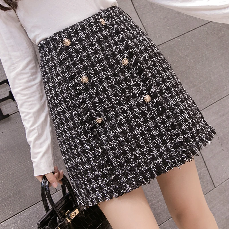 

2019 New Women Plaid Double-breasted Buttons Above Knee Vintage Tweed Tassels Skirt Female Short Skirts Bottoms For Girls