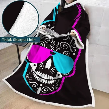 

Skeleton Printing Soft Fleece Blanket with Sleeves Winter Travel Camping Warm Cover Blanket Home Office Nap Blanket
