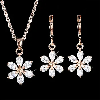

Fashion Flower Jewelry Sets Wedding Crystal Pendant Necklace Women Stud Earrings Stones