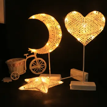 

Rattan Modeling Lamp Led Night Light Star Heart Moon Table Lamp Christmas Decoration Light Holiday Creative Desk Lamp