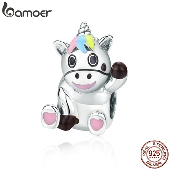 

BAMOER 2019 NEW 925 Sterling Silver Cute Licorne Colorful Enamel Beads fit Charms Bracelets Bangles DIY Jewelry BSC041