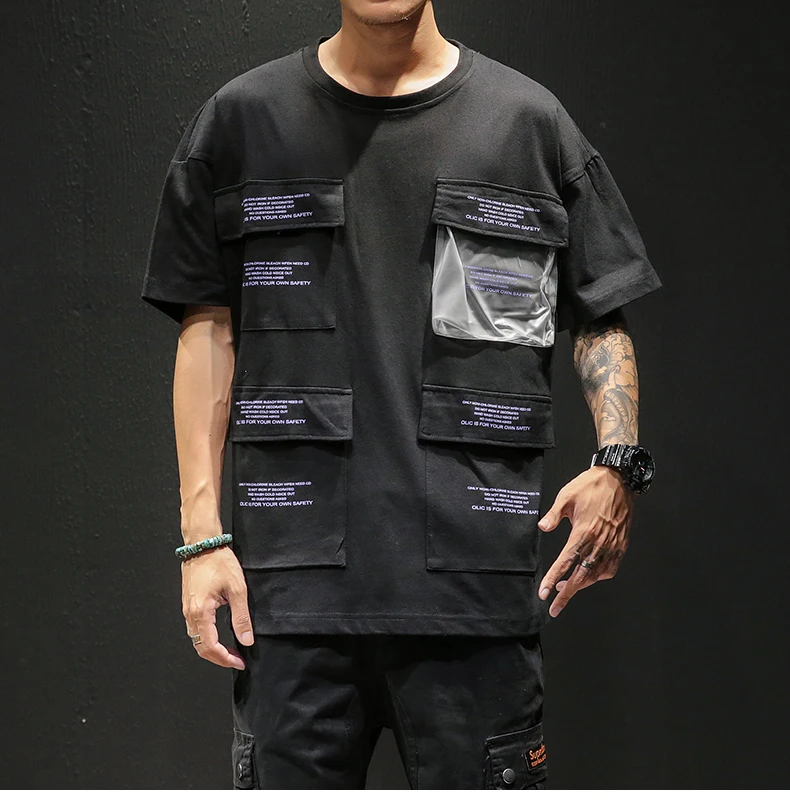 Мужские неоновые футболки с короткими рукавами и карманами в стиле хип-хоп, уличная одежда для мужчин