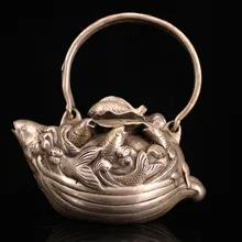 

8"Chinese Folk Collection Old Bronze Gilt silver Carp jumping statue kettle teapot flagon Office Ornaments Town House Exorcism
