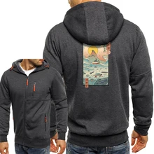 Ukiyo e pelo mar anime hoodies homens estilo japão moda jaquetas casual zíper macio outerwear harajuku hip hop camisolas masculinas