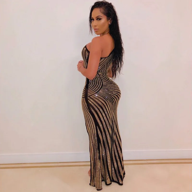 SUJYing New Winter Women's Sexy Mesh Ironing One Shoulder Split Dress Mesh See-through Party Dew Shoulder Sleeveless Women Dress