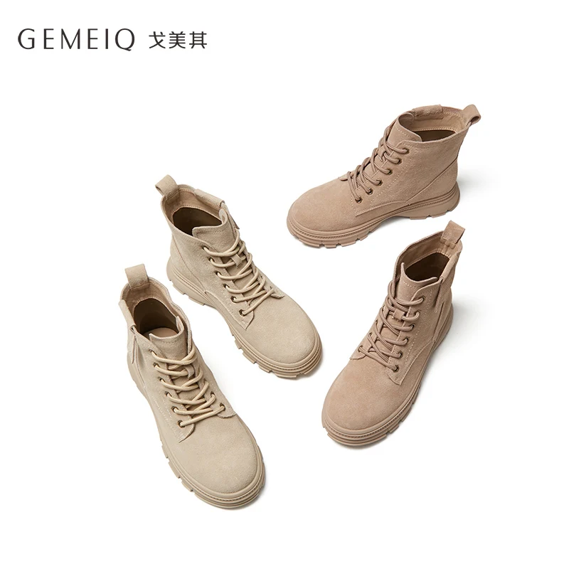 

GEMEIQ Women's Boots Genuine Leather Round Head Short Boots 2019 Autumn New Products British Style Flat and Leisure Boots