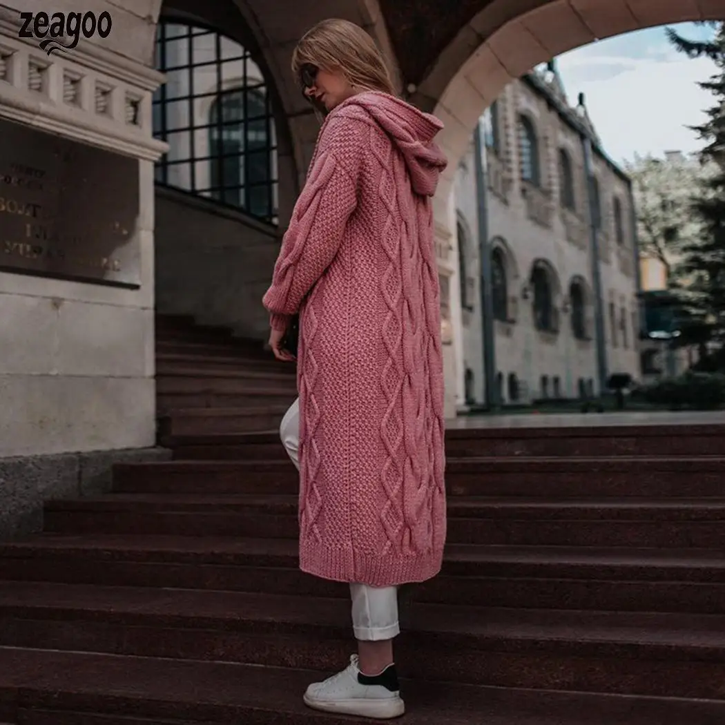 Женский вязаный кардиган с капюшоном, Повседневный, длинный рукав, однотонный, свободный, верхняя одежда, осень, зима