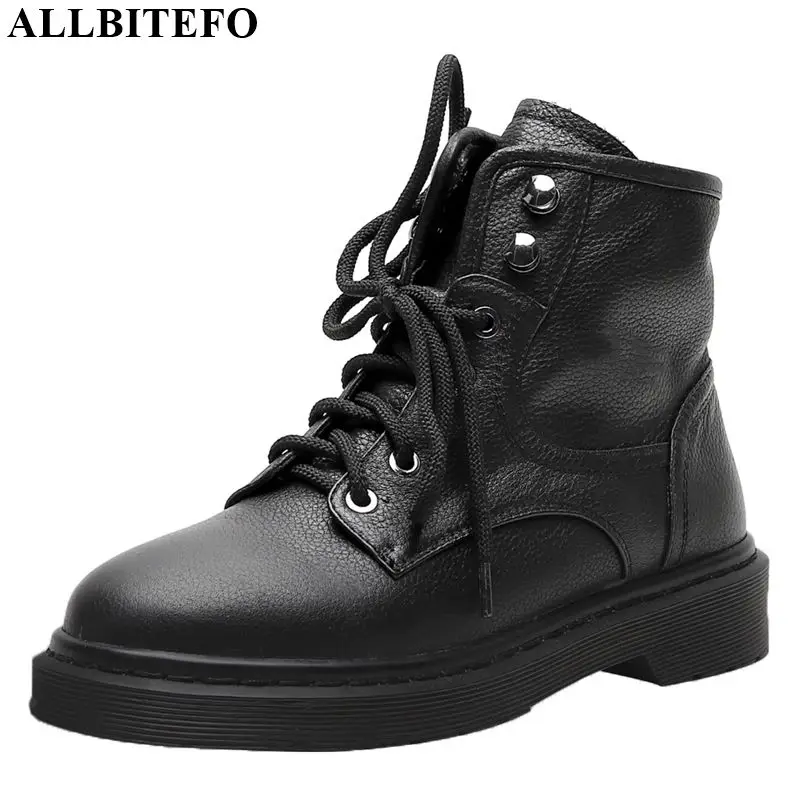 

ALLBITEFO high quality genuine leather low-heeled women boots winter snow girls shoes ankle boots for women martin boots