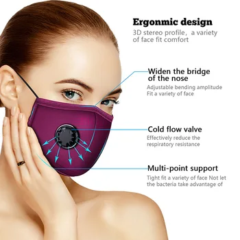 

1mask 2filters Breathable cotton Mask with Breathing valve Respirator Dust Masks with 5 layer filters mouth mask masque
