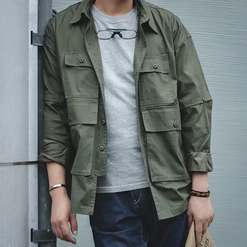 

2020 New Men's Retro Army Green Detachable Sleeve Shirt Vintage Big Pocket Shirt Men