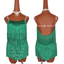 Горячая Распродажа, платья для латинских танцев для женщин, Зеленая эластичная юбка для сцены с открытой спиной, женская одежда для бальных танцев E005